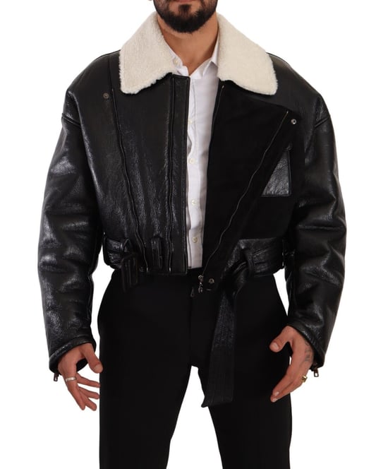 Dolce & Gabbana Herrarnas Svart Läder Shearling Bikerjacka - Image 6