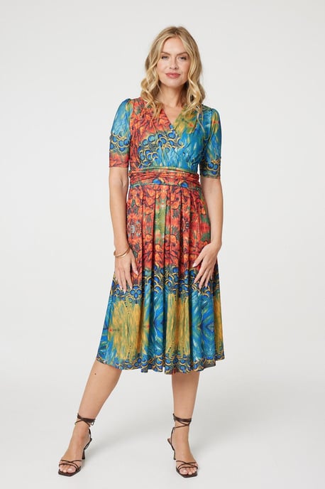 Blue Printed Ruched Waist Faux Wrap Midi Dress