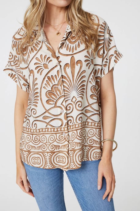 Beige Printed Button Down Short Sleeve Shirt