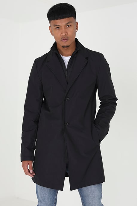 Black 'Umpire' Single Breasted Mac With Mock Layer