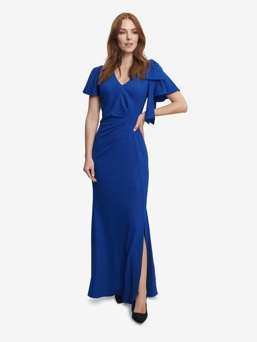 Metallic Maxi Dress With V-Neck And Bow At Sleeve