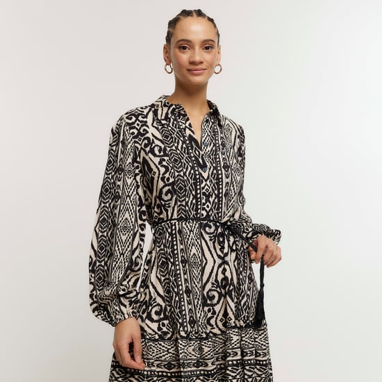 River Island Womens Mini Shirt Dress Black Aztec Belted