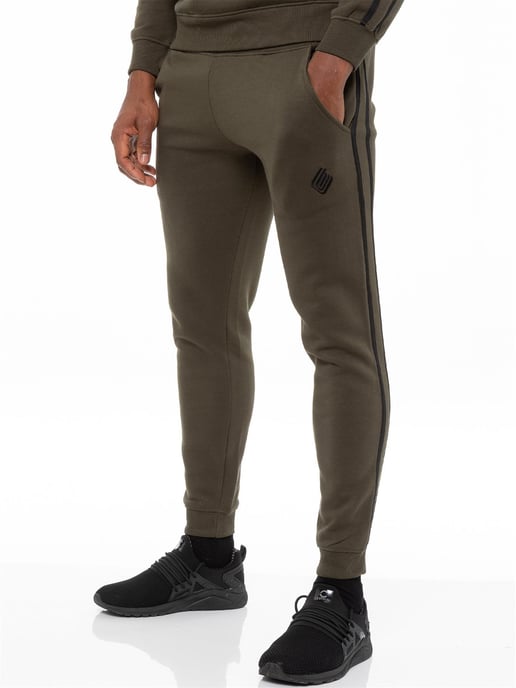 Enzo | Mens Pullover Tape Hoodie Tracksuit Set - Khaki - Image 5
