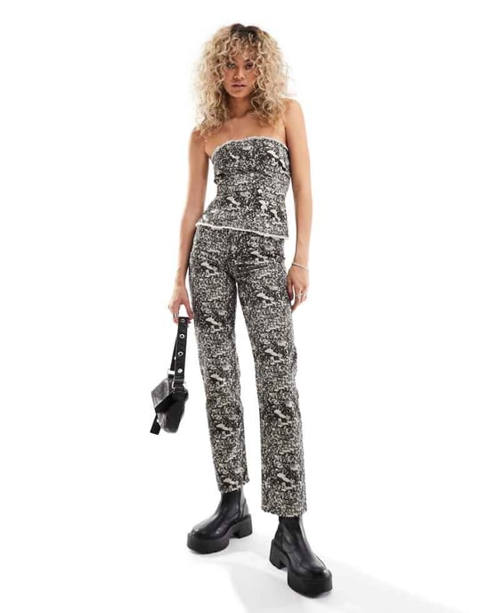 Basic Pleasure Mode crowd print straight leg jeans co-ord in grey - Image 1