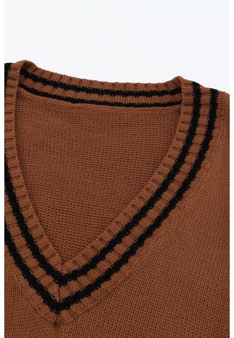 Women's Contrast Stripes V Neck Short Sleeve Sweater in Brown - Image 5