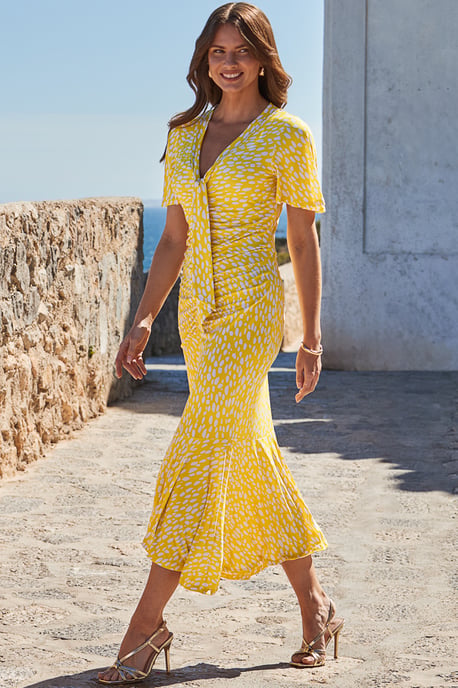 Yellow Spot Print Ruched Front Frill Hem Jersey Midaxi Dress