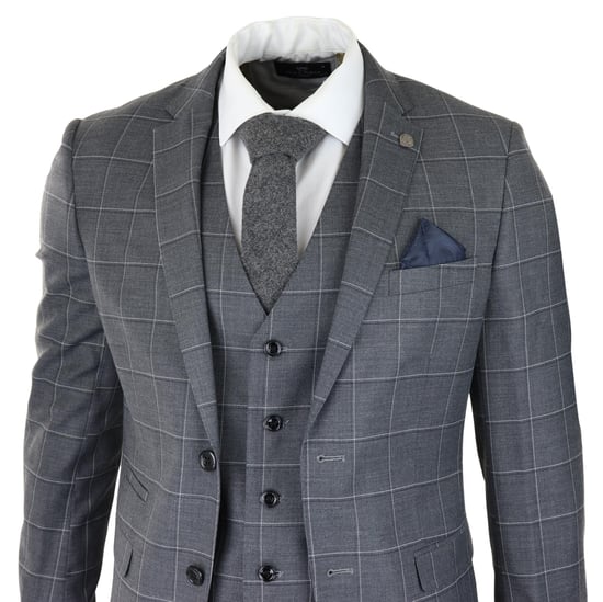 Mens Grey Suit 3 Piece Check Vintage Retro Smart Wedding Classic Tailored Fit - Image 3