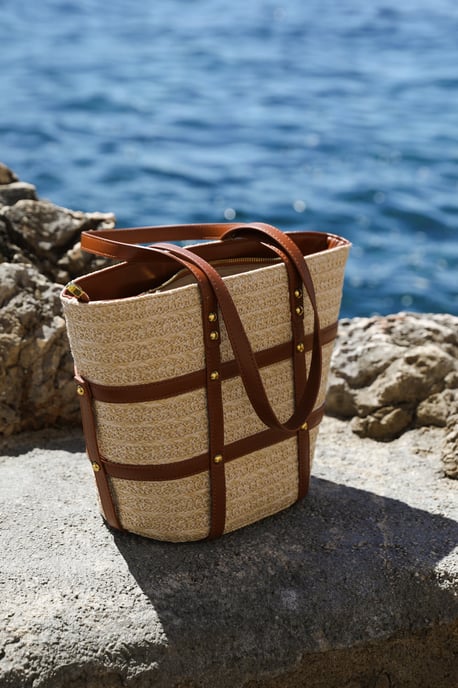 Wheres That From Womens 'Coqueta' Large Raffia Bag With Stud Detail
