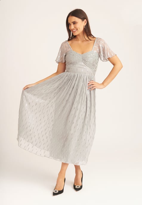 Jacquard Metallic Angel Sleeves Midi Dress