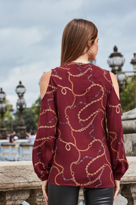 Burgundy Chain Print Cut Out Shoulder Top