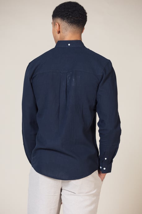 Navy Linen Blend Long Sleeve Button-Up Shirt With Chest Pocket
