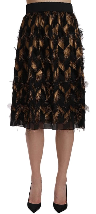 Dolce & Gabbana Vrouwen Zwart Goud Franje Metallic Koker A-lijn Rok - Image 1
