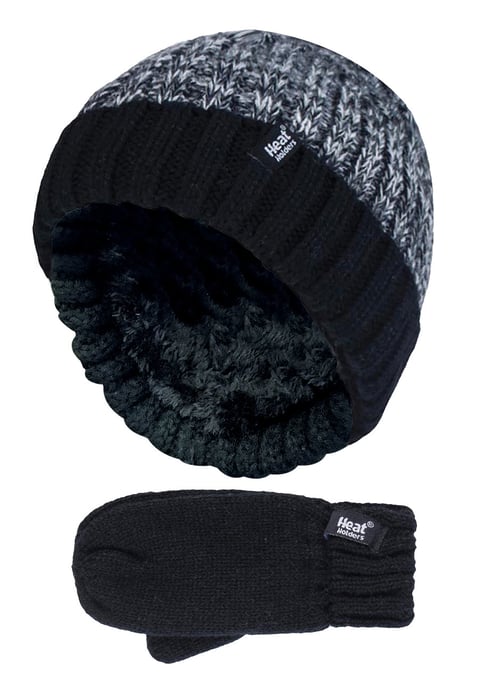 Heat Holders - Kids Boys Winter Knitted Thermal Fleece Lined Cuffed Beanie Hat and Mittens Set - BTO1P6 - Image 1