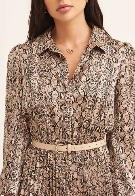 Beige Snake Print Pleated Shirt Dress With Belt - Image 2