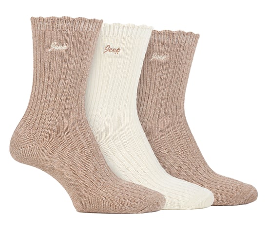 Women Bamboo Boot Socks | Jeep | Cute Ribbed Scalloped Ankle Socks for Ladies, Anti Blister Knit Cushioned Socks - Taupe / Cream - Image 1