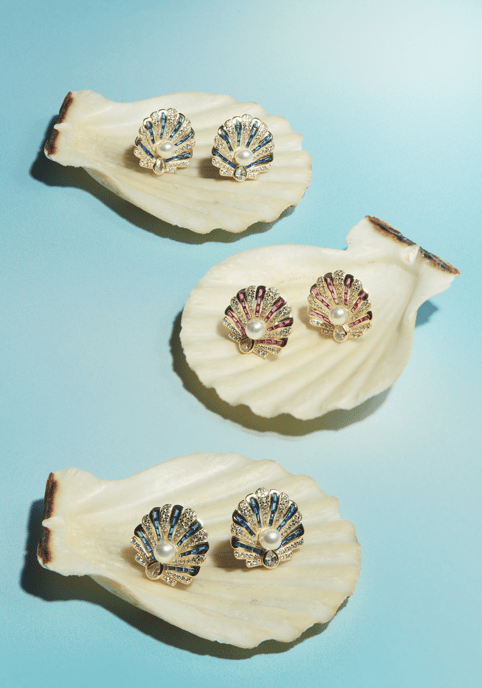 Art Deco Scallop Shell Earrings Emerald Green With Pearl Gold