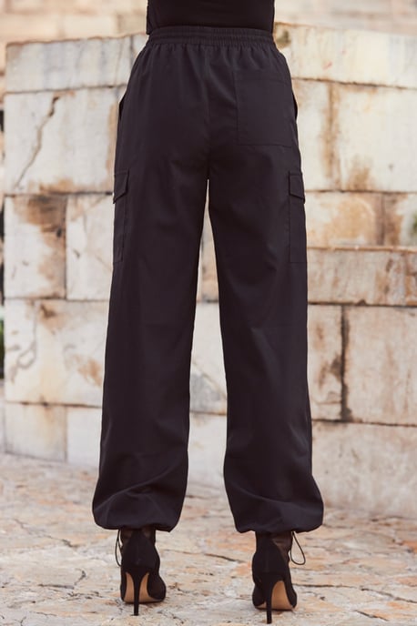 Black Parachute Pants With Drawcord Detail