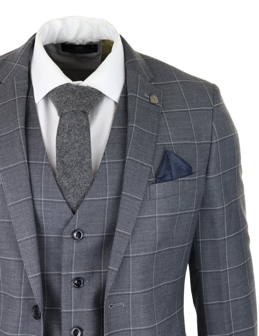 Mens Grey Suit 3 Piece Check Vintage Retro Smart Wedding Classic Tailored Fit - Image 5
