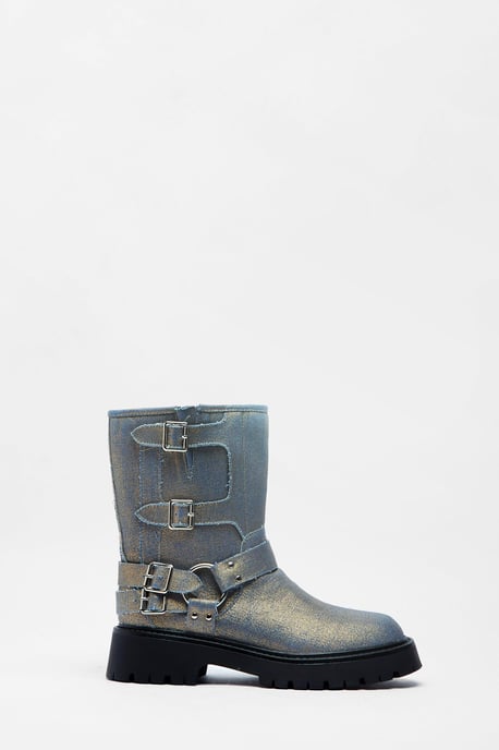 Metallic Denim Buckle Ankle Boots