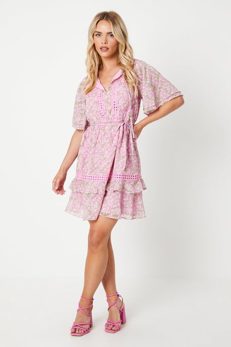 Petite Ditsy Dobby Chiffon Trim Insert Skater Dress