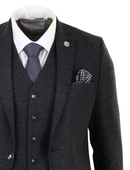Mens 3 Piece Black Wool Tweed Vintage Retro Suit - Image 4