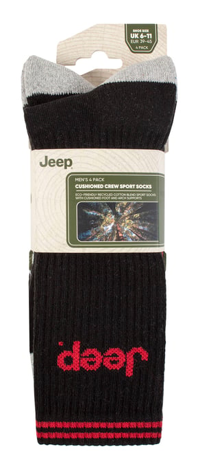 Mens Sport Crew Socks | Jeep | 4 Pack Cotton Running Socks with Reinforced Heel and Toe - Black - Image 2