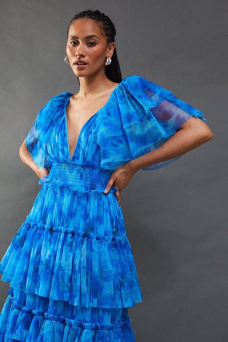 princess polly baby blue dress Blue KarenMillen Dark Floral Tulle Plunge Balloon Sleeve Maxi Dress