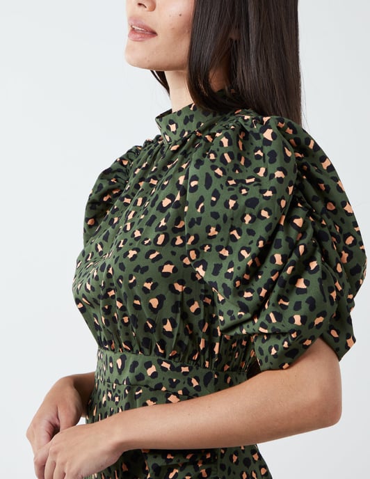 Leopard Print Ruched Side Midi Dress
