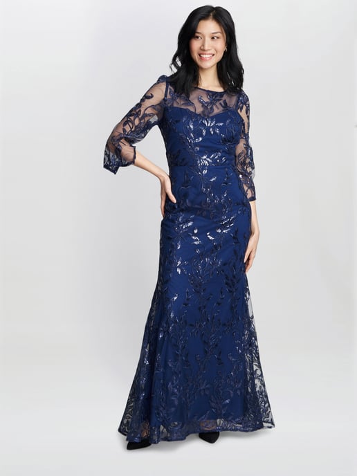 Jordana Beaded Maxi Dress With Illusion Sleeves