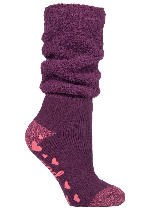Heat Holders - Ladies Soft Fluffy Slouch Top Non Slip Slipper Thermal Bed Socks with Grippers - Wine (Slouch) - Image 1