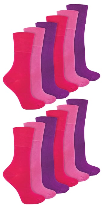 IOMI - 12 Pair Multipack Ladies Diabetic Bamboo Socks | Womens Extra Wide Seamless Socks with Non Elastic Gentle Grip Top - Pink - Image 1