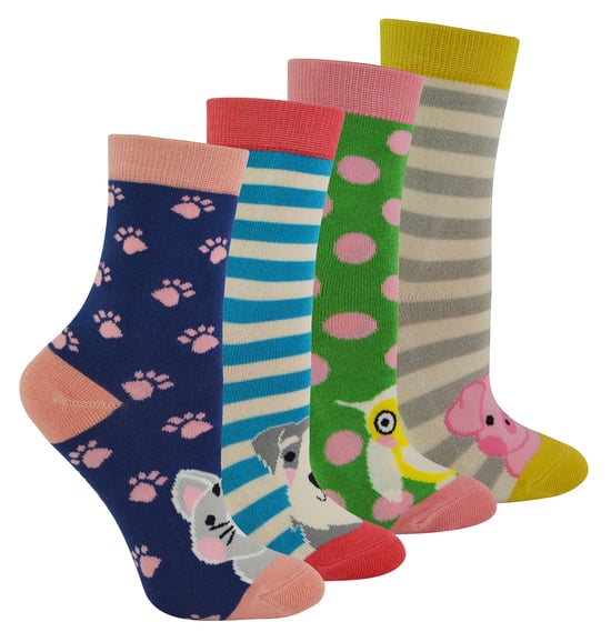 Miss Sparrow - 4 Pack Girls Bamboo Socks | Kids Novelty Animal Pattern Socks in a Gift Box - Assorted - Image 1