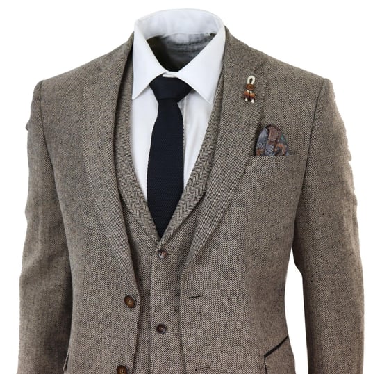 Mens Oak Brown 3 Piece Tweed Suit Vintage Harringbone 1920s Retro Peaky Blinders - Image 3