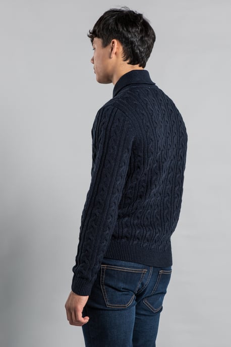 Navy Shawl Neck Cable Knit Jumper