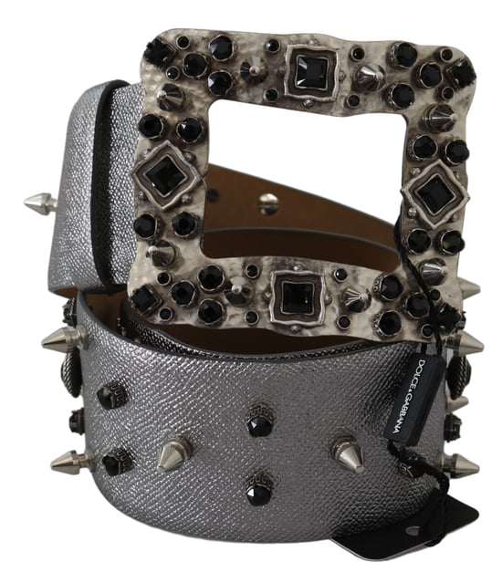 Dolce & Gabbana Women's Silver Leather Crystal Stud Logo Buckle Belt - Image 6