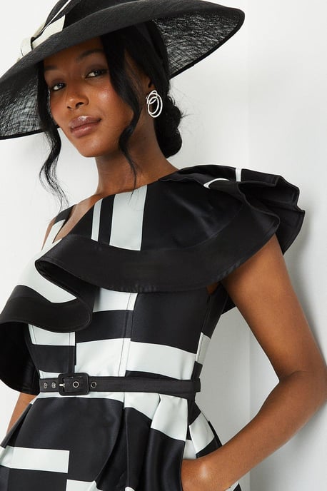Lisa Tan Geo Stripe Monochrome Ruffle Shoulder Midi Dress