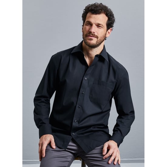 Russell Mens Long Sleeve Pure Cotton Work Shirt (Black) - Image 3