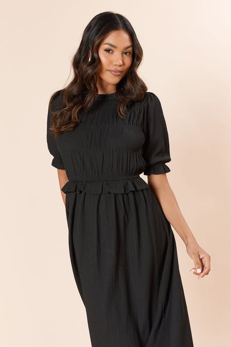 Puff Sleeve Shirred Bodice Peplum Midi Dress