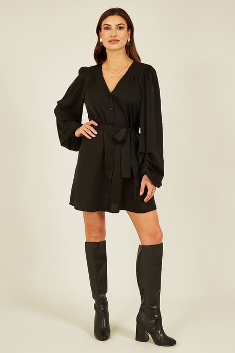 Black Balloon Sleeve Shirt Dress