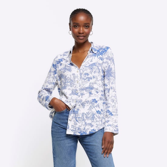River Island Womens Shirt Blue Floral Long Sleeve