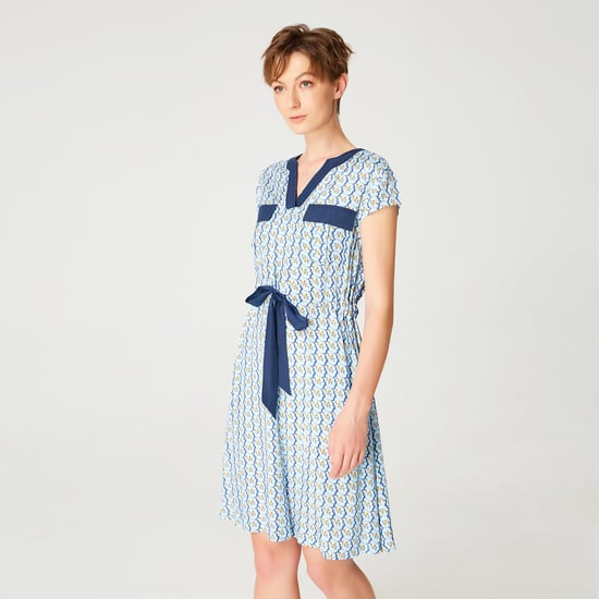 Tunic dress with drawstring belt and geometric print