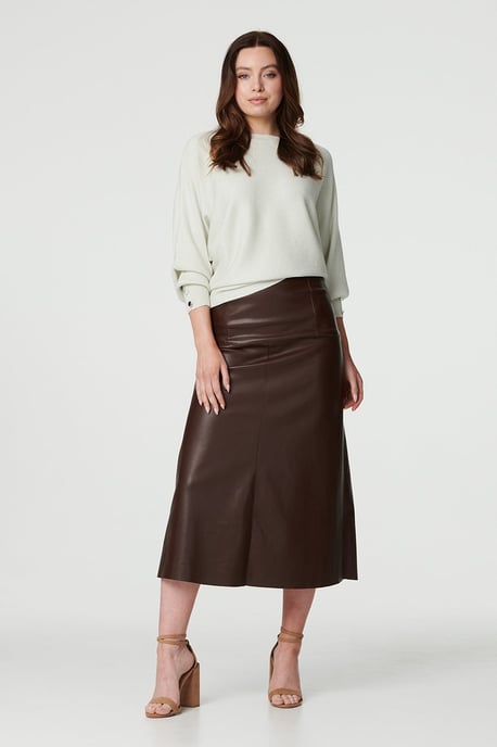 Brown Faux Leather High Waist Midi Skirt