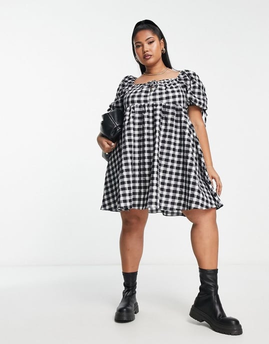 ASOS DESIGN Curve Exclusive parachute mini smock dress in mono check-Multi