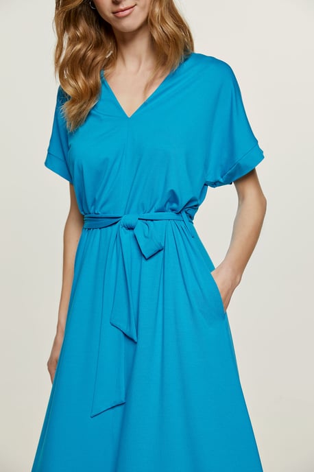 Turquoise Jersey Belted Midi Dress
