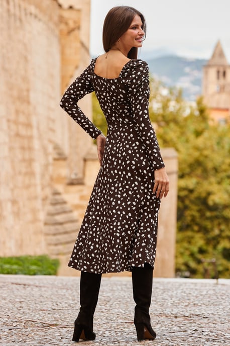 Chocolate Brown Fleck Print Square Neck Midi Dress