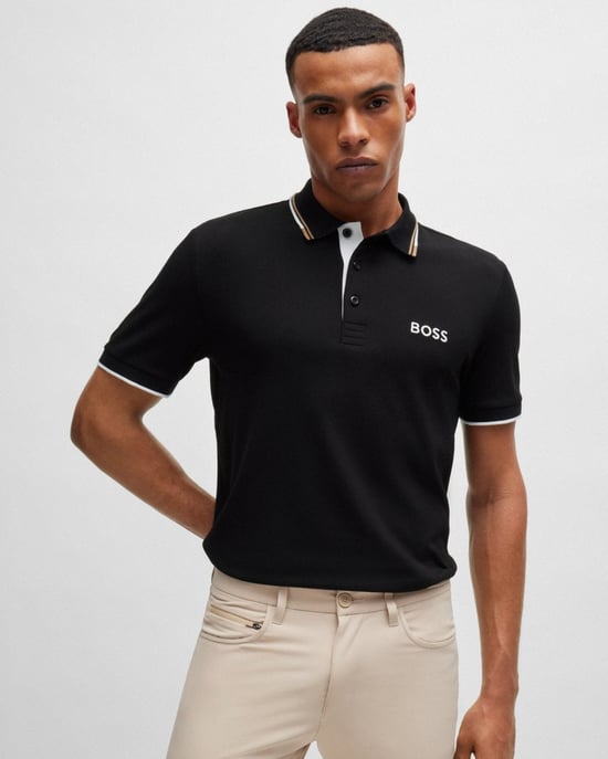 BOSS Green Paddy Pro Mens Cotton Blend Polo Shirt With Contrast Logos - Image 1
