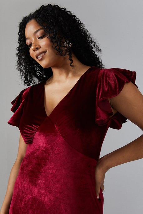 V Neck Ruffle Sleeve Velvet Bridesmaids Dress
