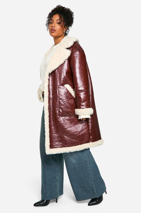 Plus Faux Leather Teddy Trim Longline Aviator Jacket - Image 3