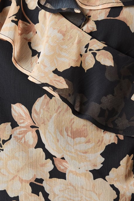 Ochre Floral Chiffon Ruffle Neckline Long Sleeve Blouse