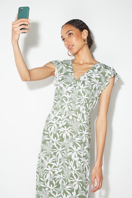 Petite Safari Ruffle Sleeve Button Midi Dress